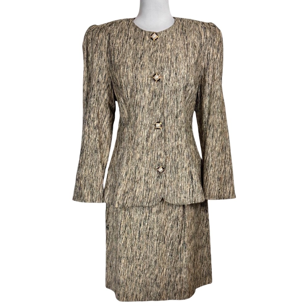 Vintage 2 Pc Silk Tweed Blazer Skirt Suit Size 10 8 Pearl Gold Button Elegant